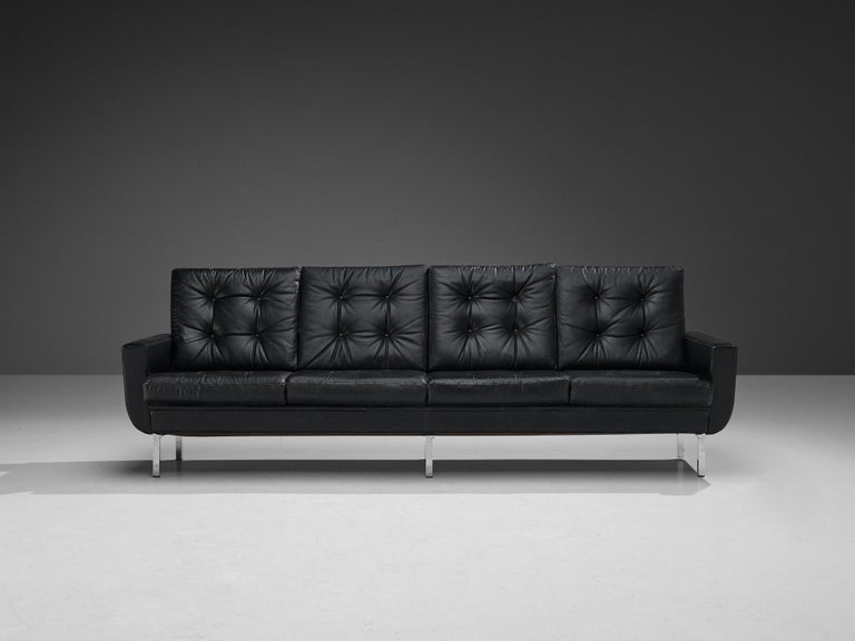 Four-Seater Sofa in Black Leatherette and Steel