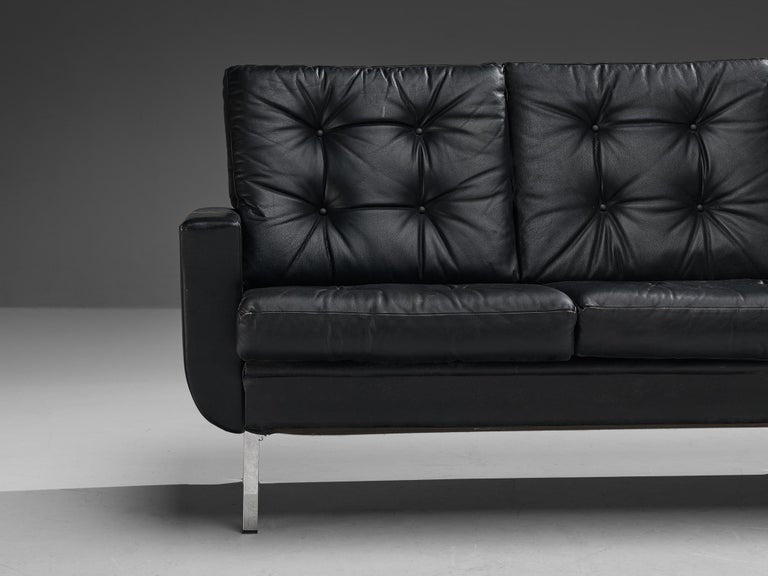 Four-Seater Sofa in Black Leatherette and Steel