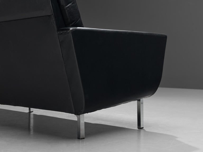 Four-Seater Sofa in Black Leatherette and Steel