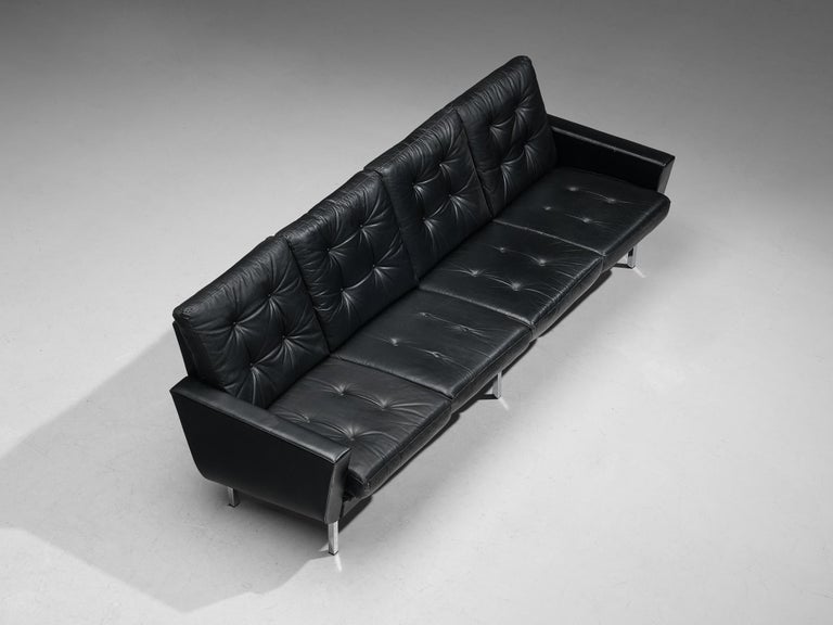 Four-Seater Sofa in Black Leatherette and Steel