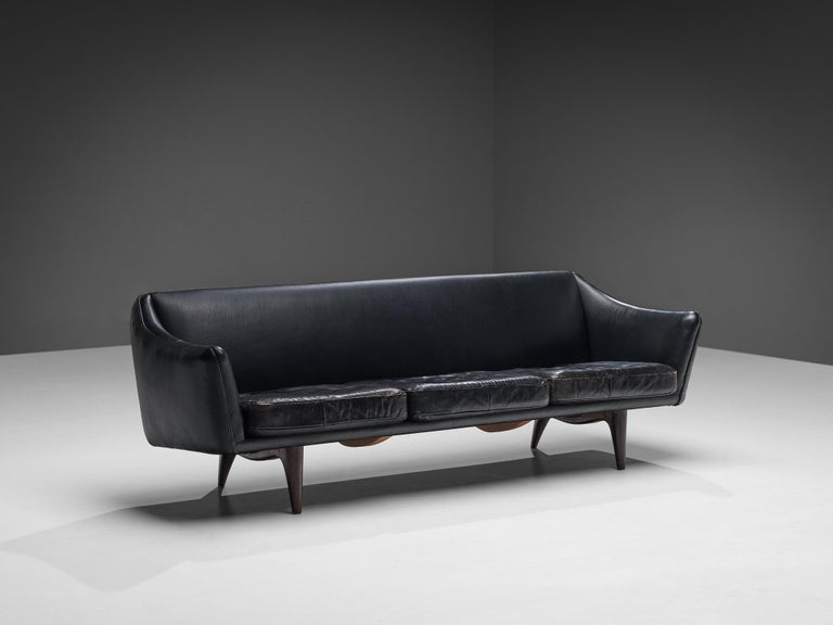 Illum Wikkelsø for A. Mikael Laursen & Søn Three-Seat Sofa in Black Leather