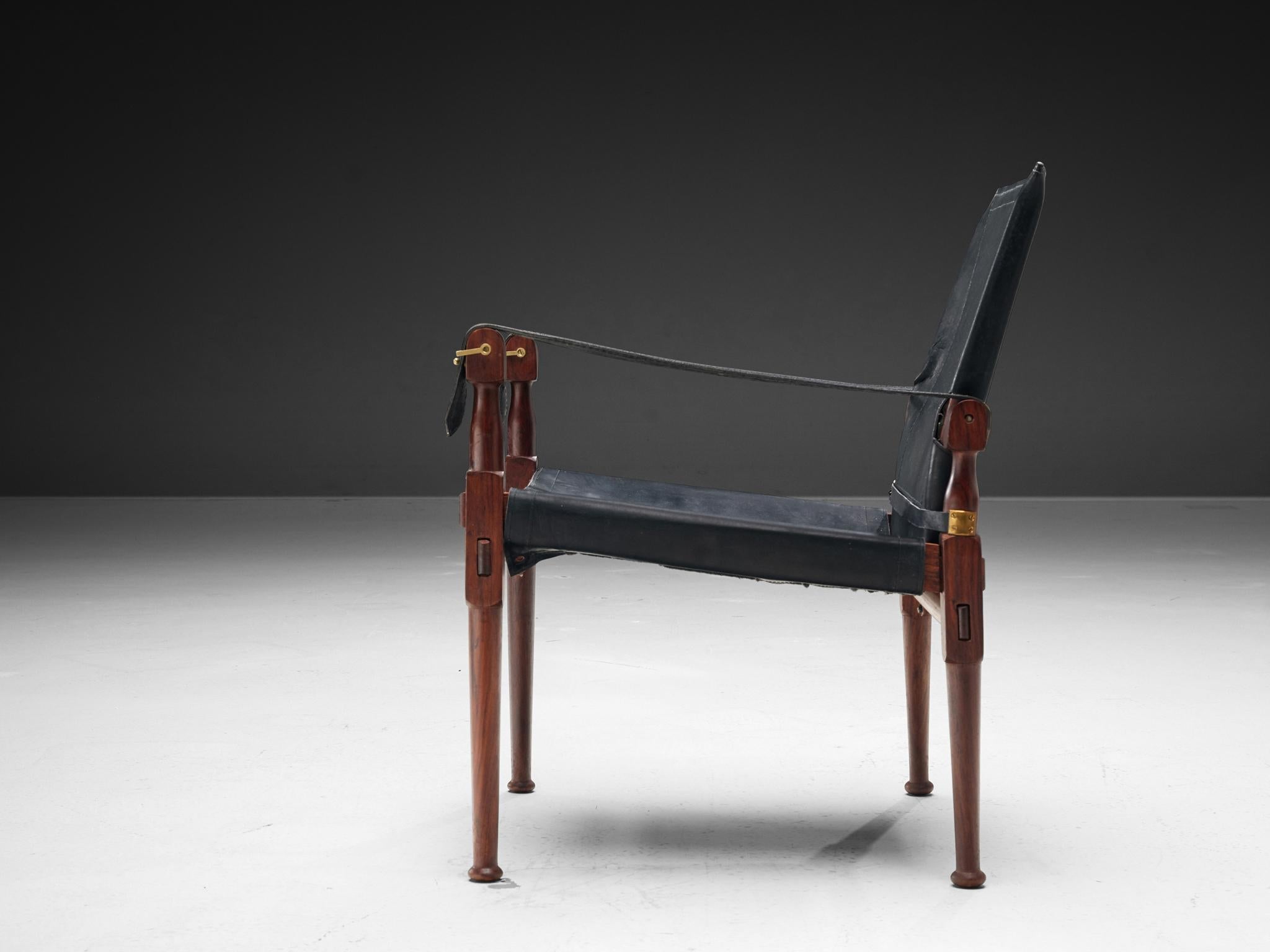 Safari Chair in Black Leather Wood Brass