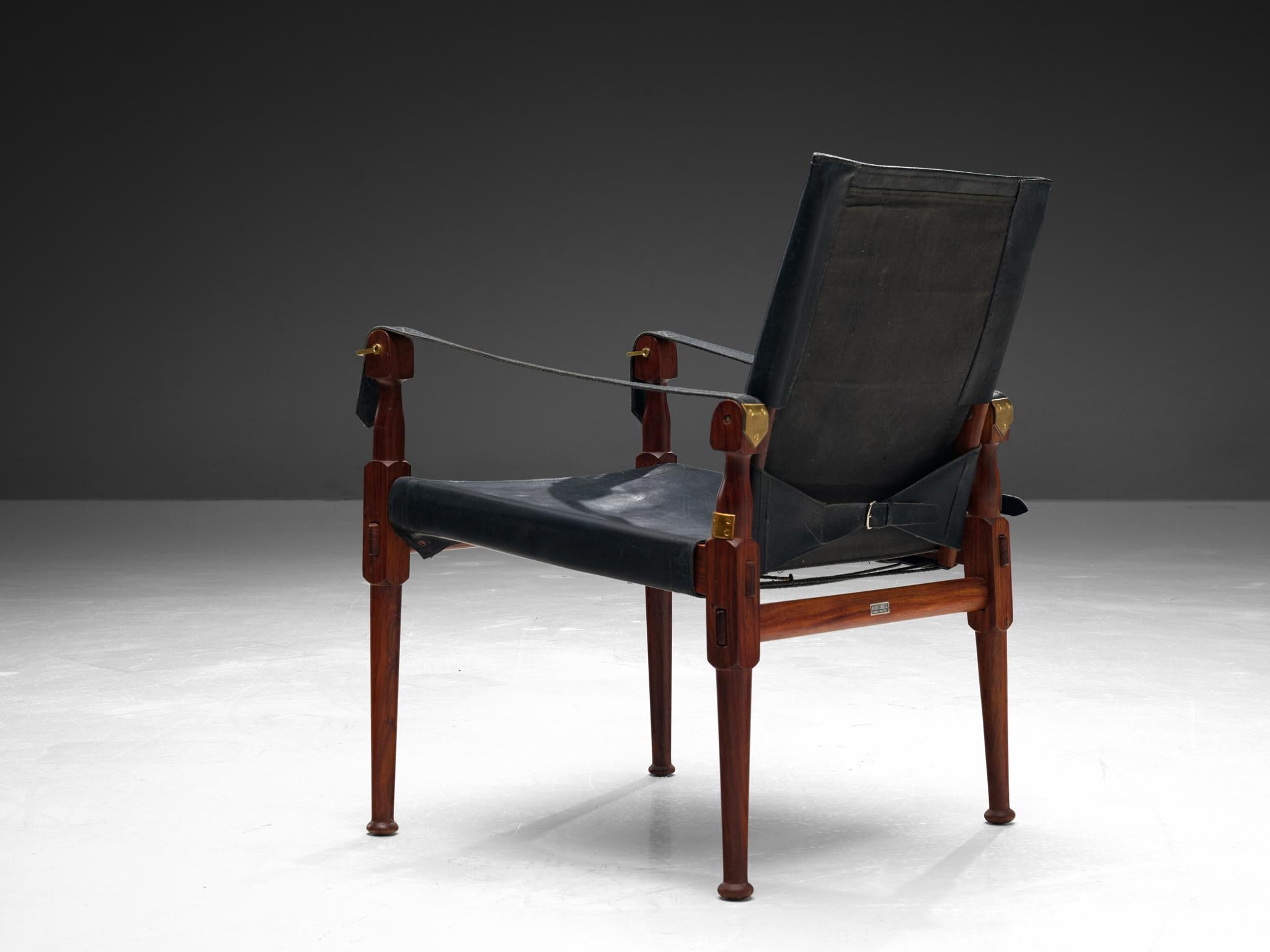 Safari Chair in Black Leather Wood Brass