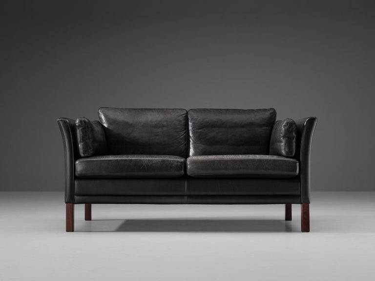 Mogens Hansen Two-Seat Sofa in Black Leather and Stained Wood