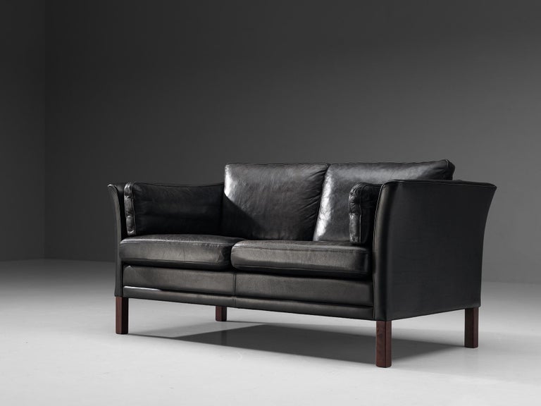 Mogens Hansen Two-Seat Sofa in Black Leather and Stained Wood