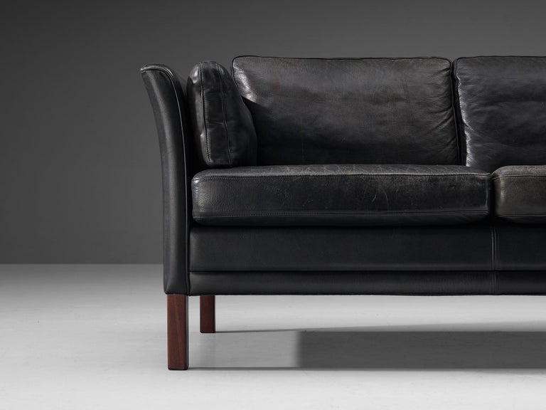 Mogens Hansen Two-Seat Sofa in Black Leather and Stained Wood