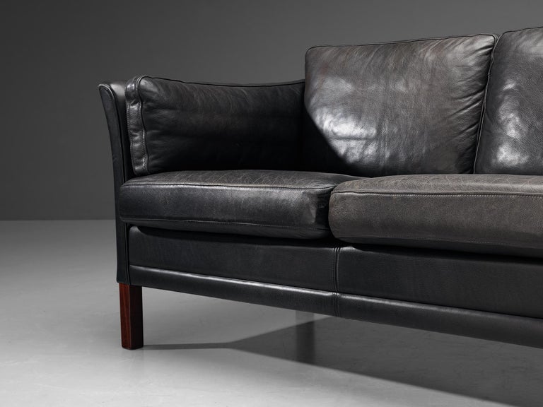 Mogens Hansen Two-Seat Sofa in Black Leather and Stained Wood