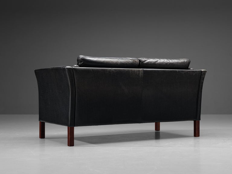 Mogens Hansen Two-Seat Sofa in Black Leather and Stained Wood