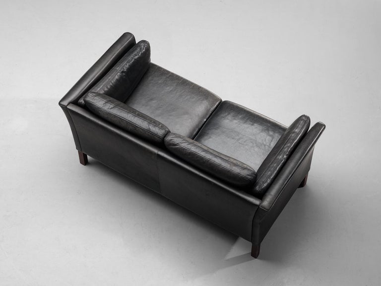 Mogens Hansen Two-Seat Sofa in Black Leather and Stained Wood