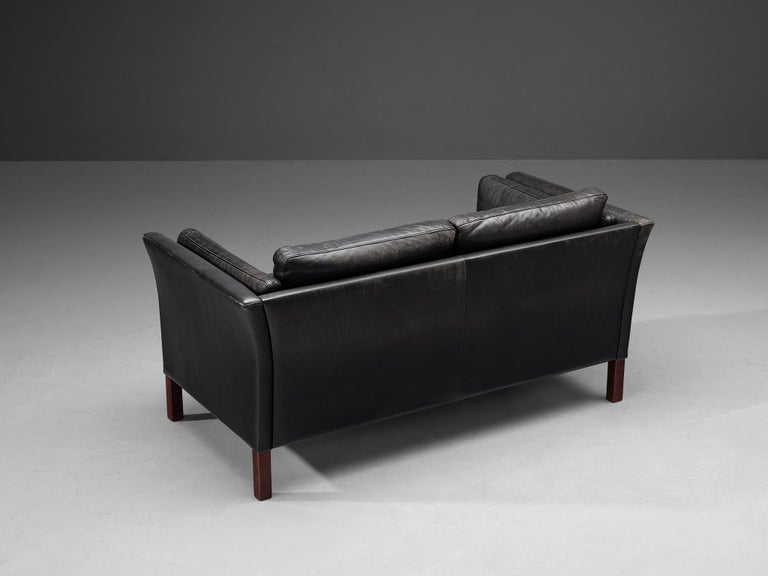 Mogens Hansen Two-Seat Sofa in Black Leather and Stained Wood