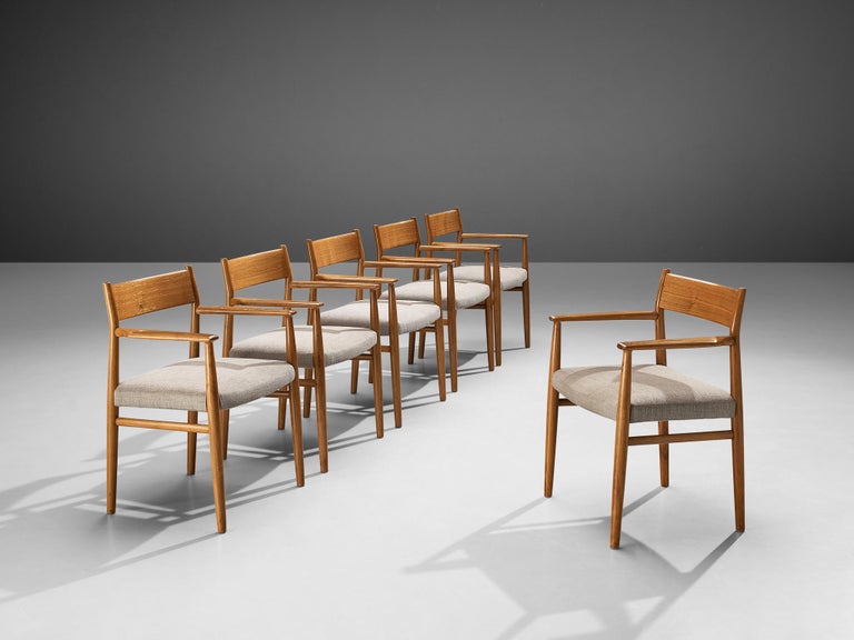 Arne Vodder Set of Six Dining Chairs in Walnut and Grey Upholstery