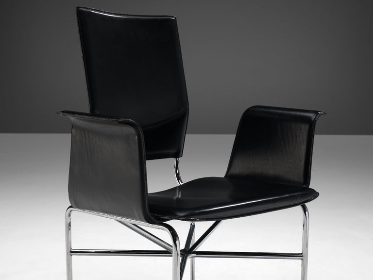 Ross Littell for Matteo Grassi Armchair in Black Leather and Steel