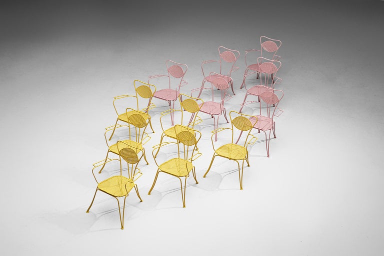 Large Set of Italian Patio Chairs in Pink and Yellow Lacquered Steel