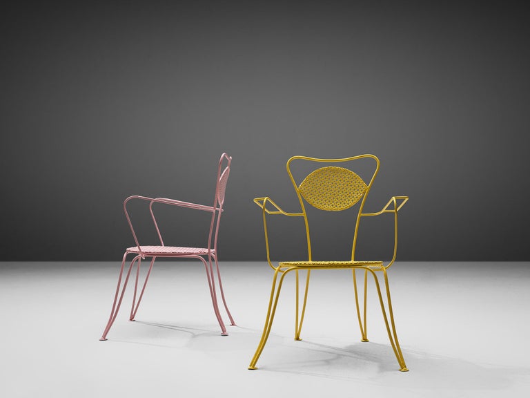 Large Set of Italian Patio Chairs in Pink and Yellow Lacquered Steel