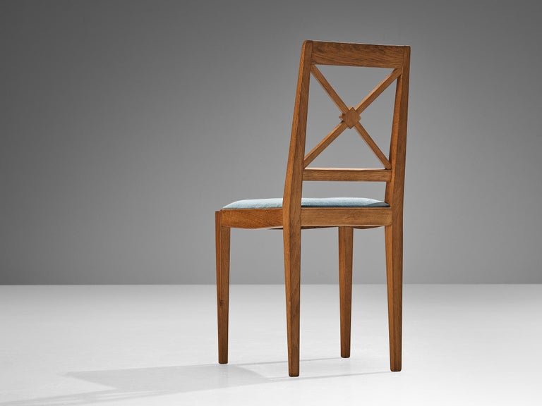 French Dining Chair in Oak and Blue Velvet