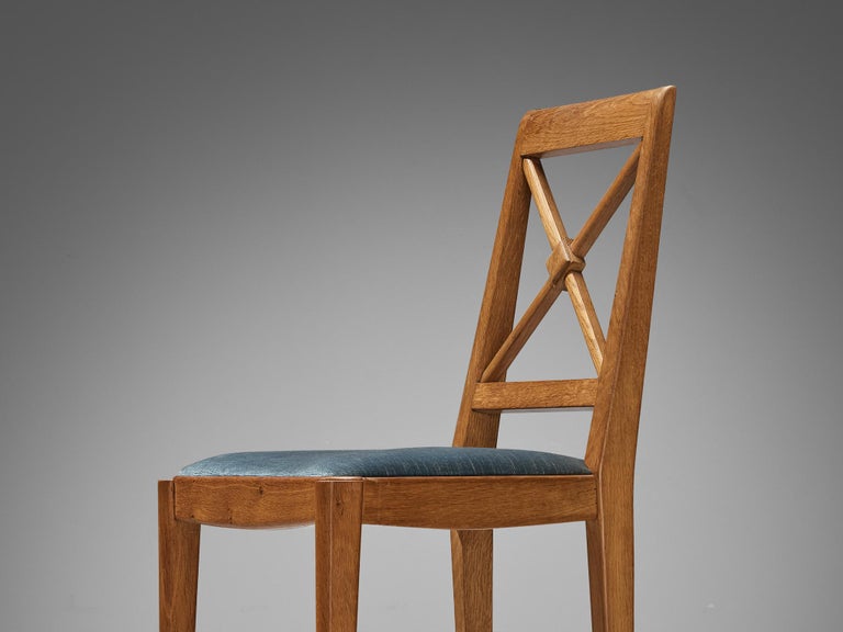 French Dining Chair in Oak and Blue Velvet