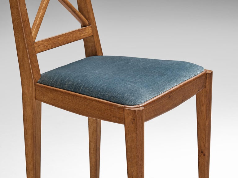 French Dining Chair in Oak and Blue Velvet