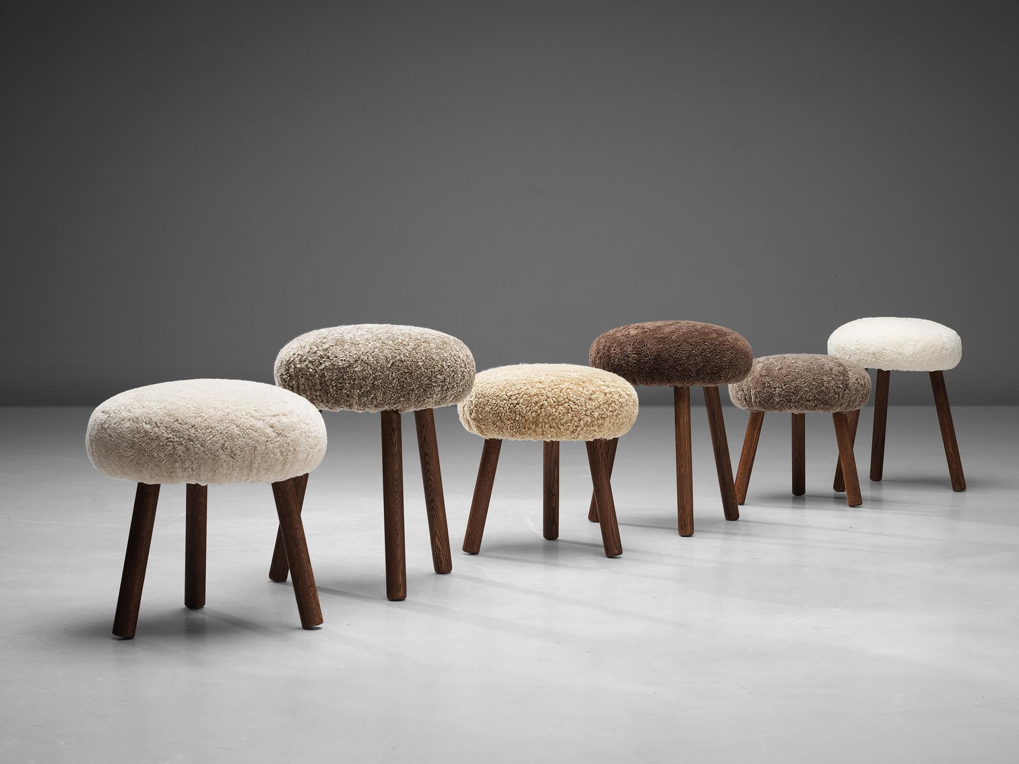 Swiss Tripod Stools in Solid Oak Upholstered in Shearling