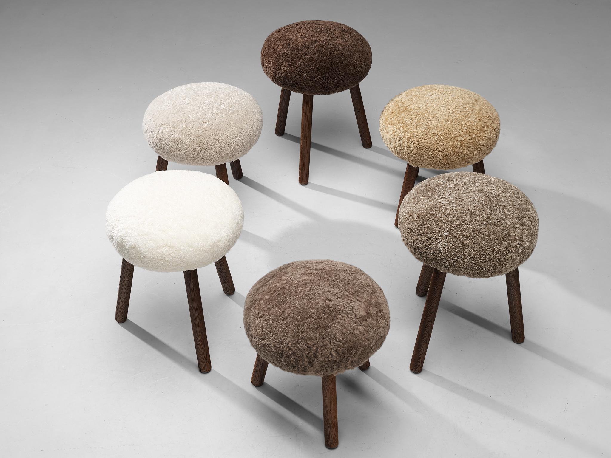 Swiss Tripod Stools in Solid Oak Upholstered in Shearling