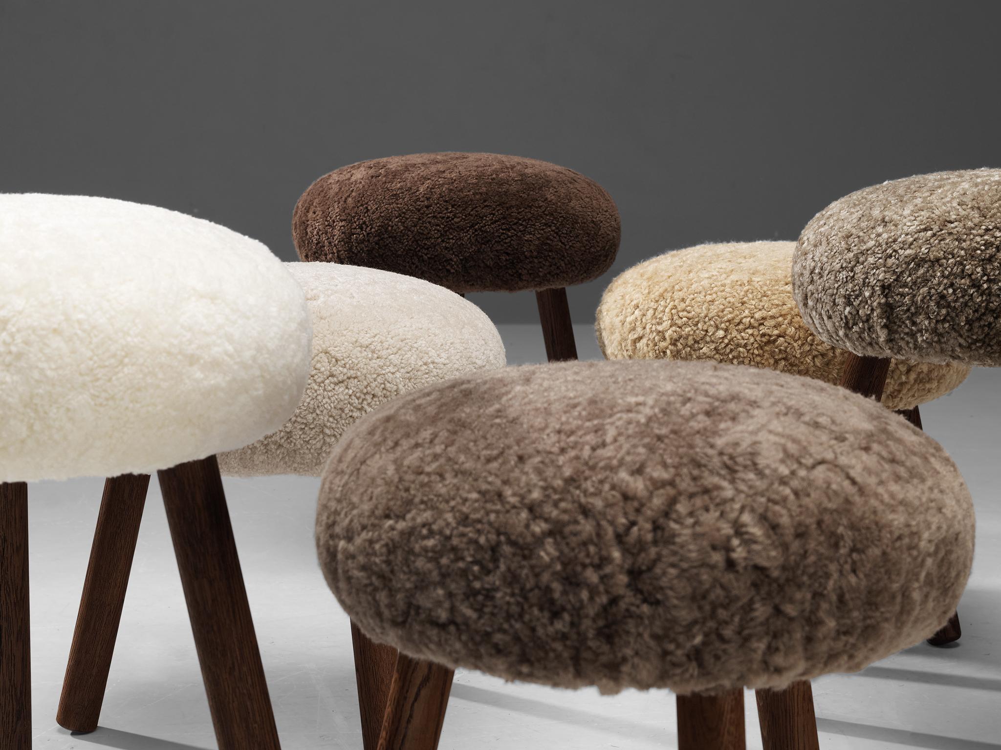 Swiss Tripod Stools in Solid Oak Upholstered in Shearling