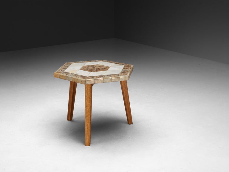 Roger Capron Hexagonal Table in Ceramic Blonde Wood with Sun Motifs