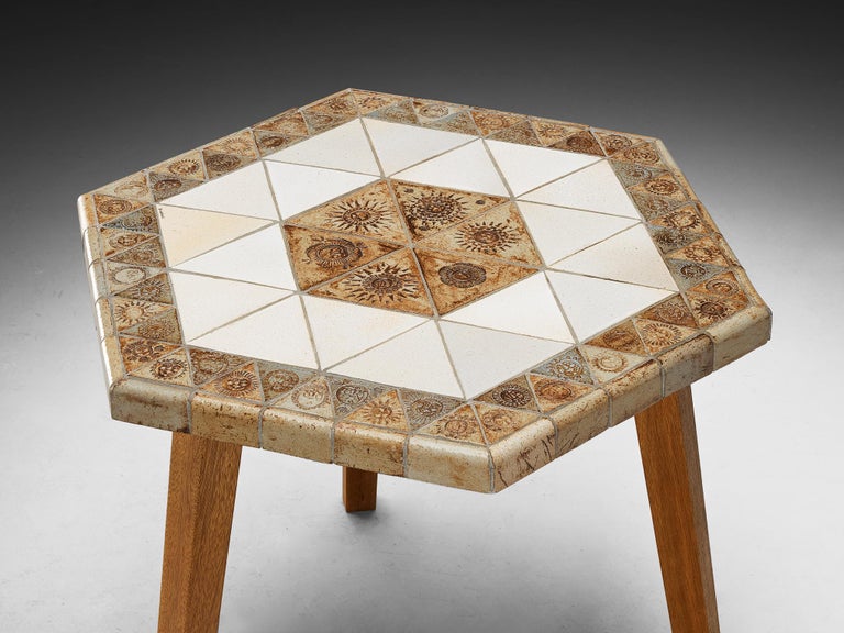 Roger Capron Hexagonal Table in Ceramic Blonde Wood with Sun Motifs