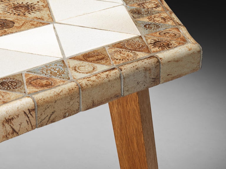 Roger Capron Hexagonal Table in Ceramic Blonde Wood with Sun Motifs