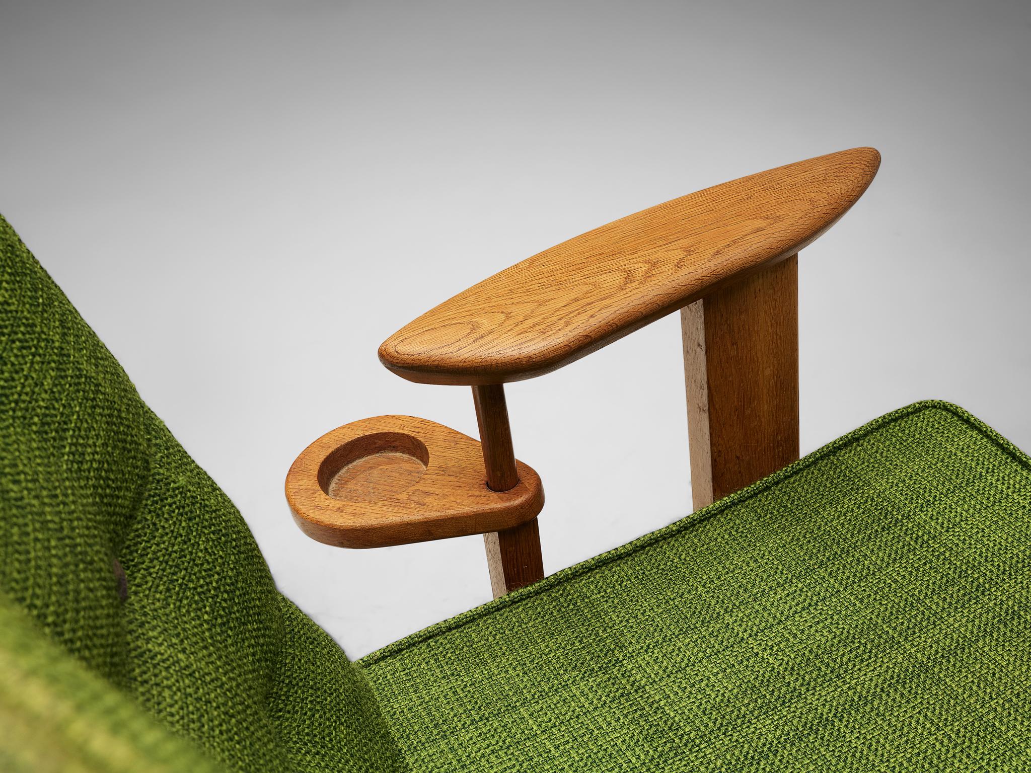 Guillerme & Chambron Lounge Chair in Oak and Green Upholstery