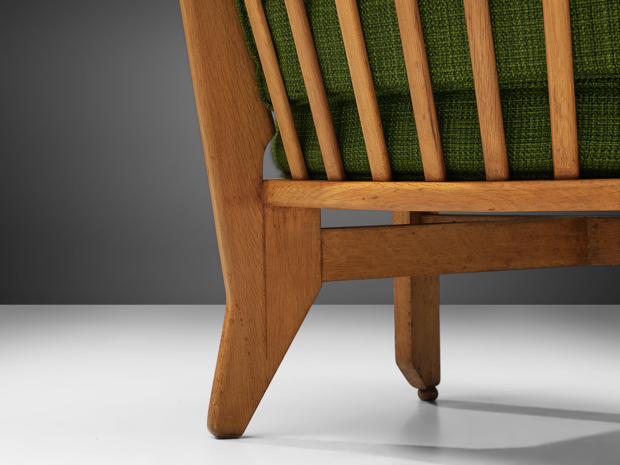 Guillerme & Chambron Lounge Chair in Oak and Green Upholstery