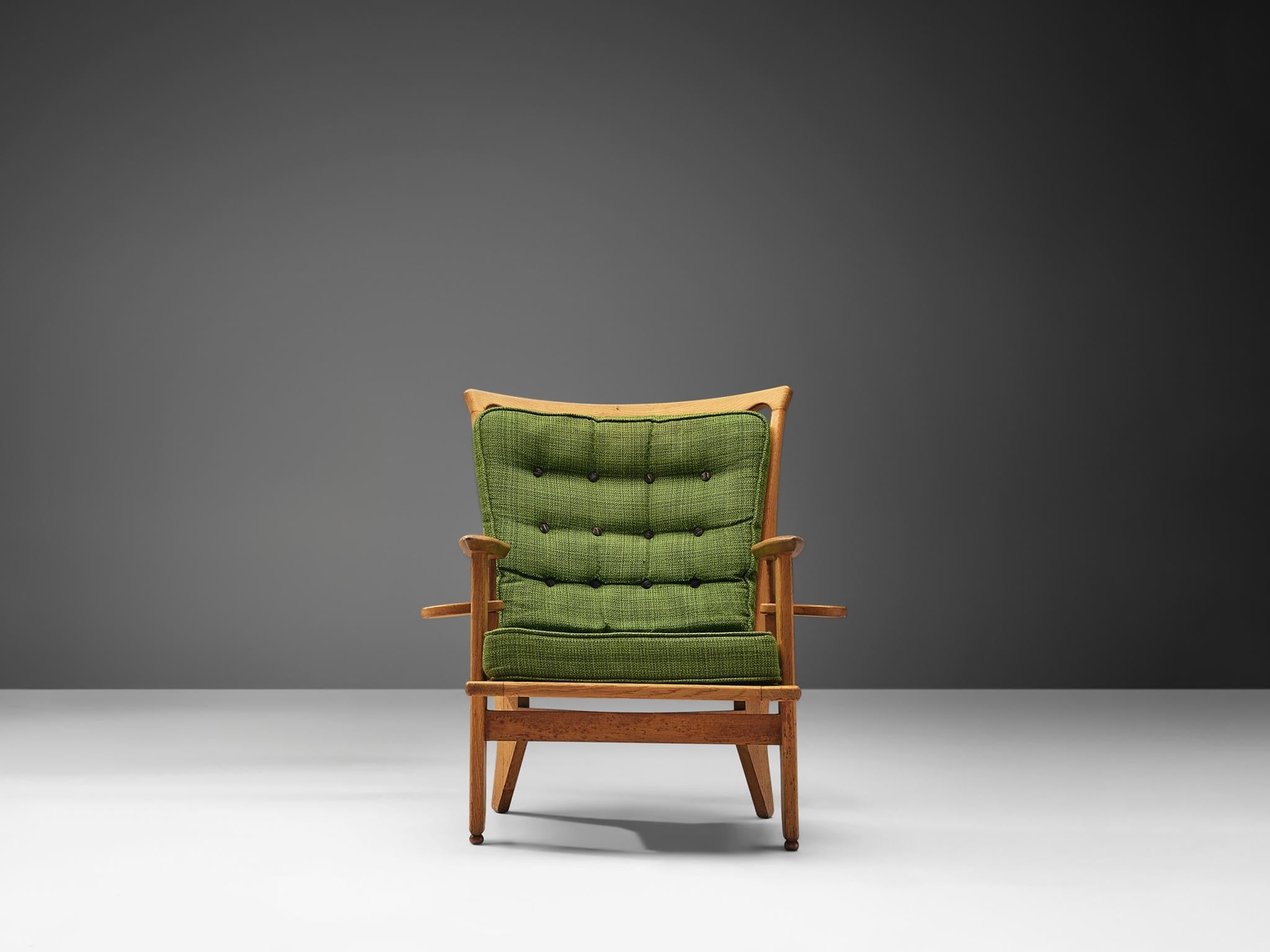 Guillerme & Chambron Lounge Chair in Oak and Green Upholstery