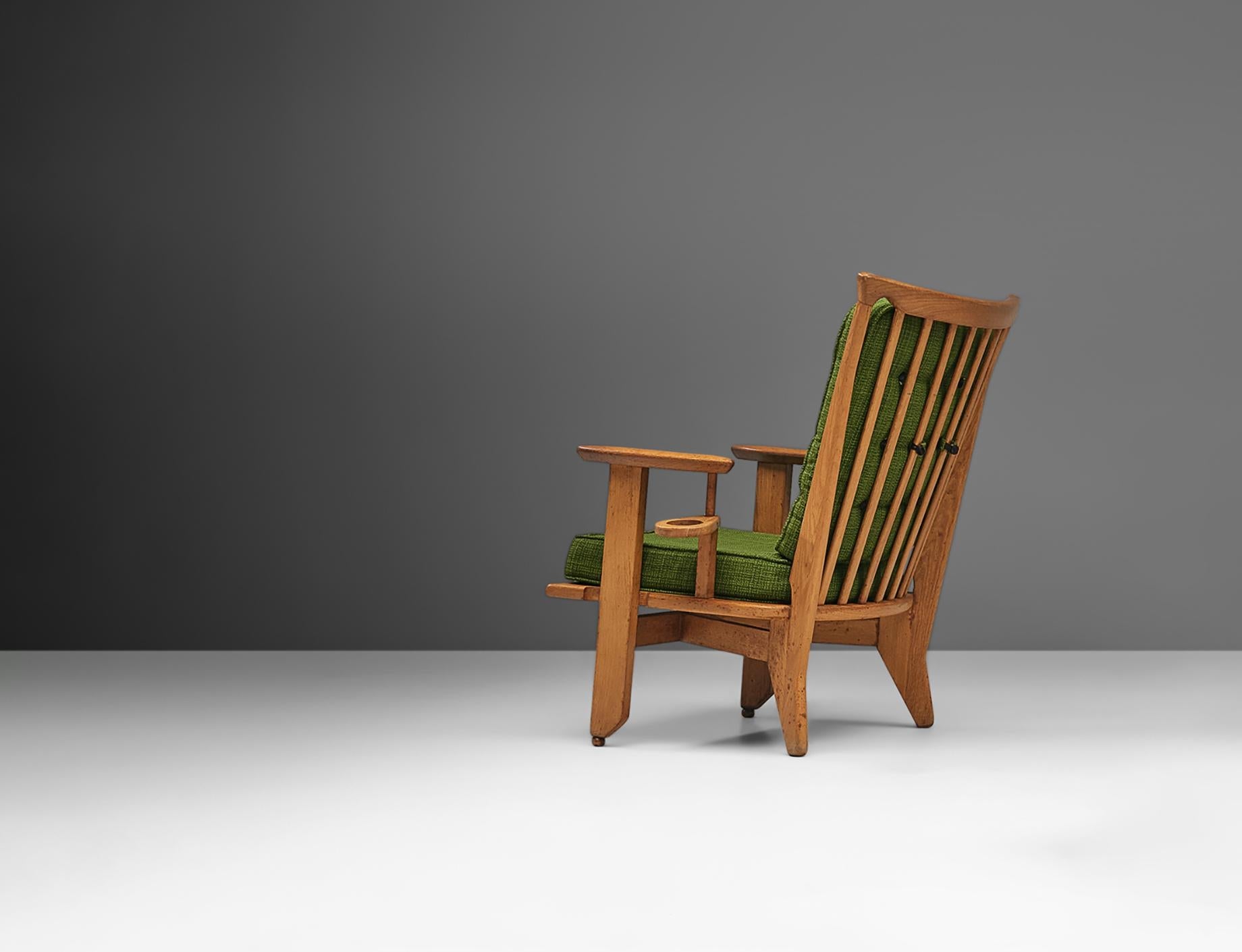 Guillerme & Chambron Lounge Chair in Oak and Green Upholstery