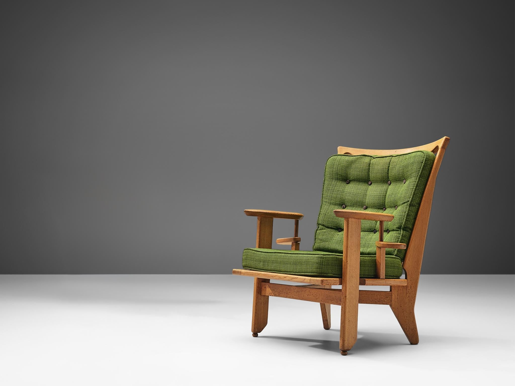 Guillerme & Chambron Lounge Chair in Oak and Green Upholstery