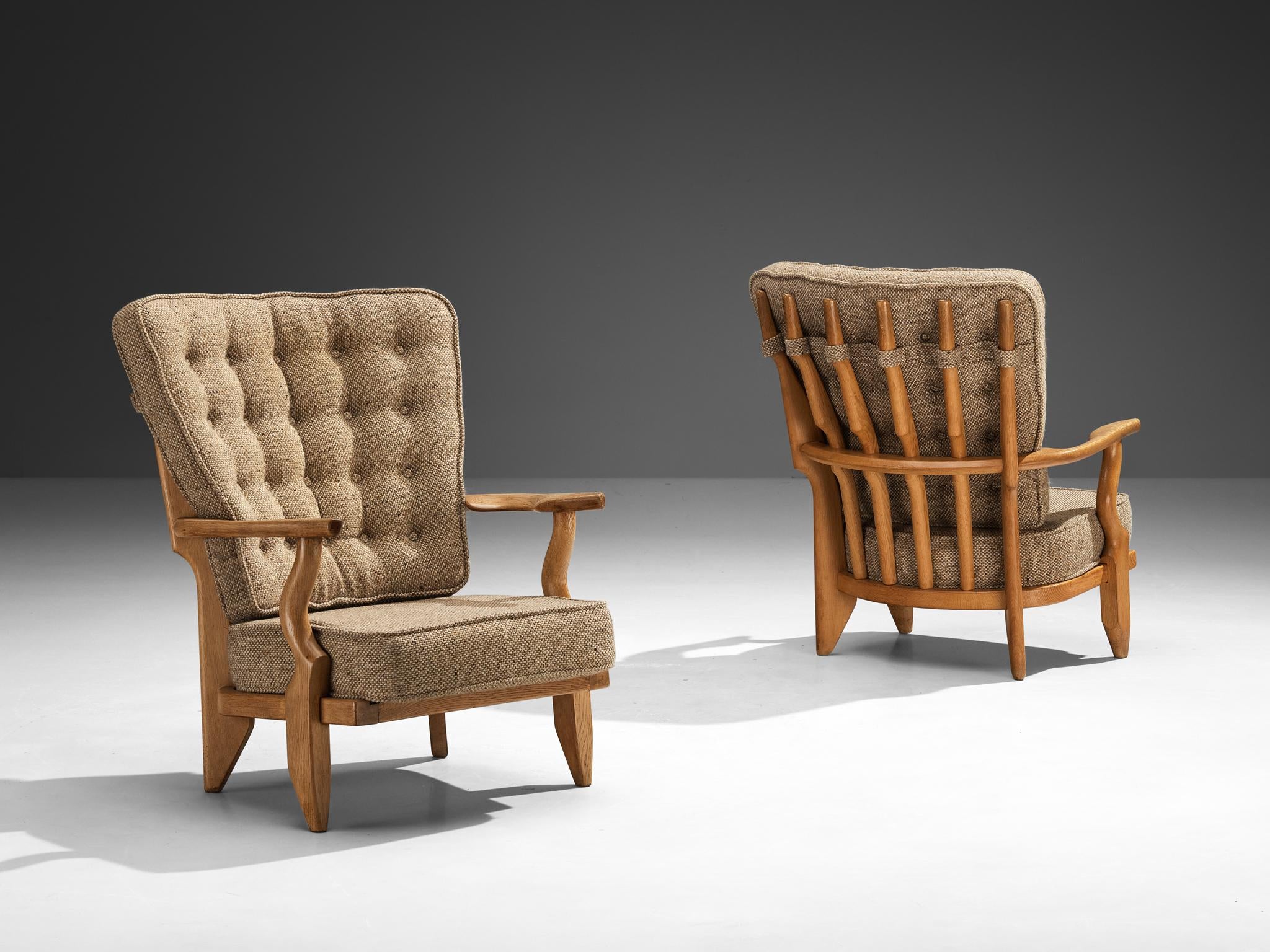 Guillerme & Chambron 'Mid Repos' Lounge Chairs in Oak and Beige Upholstery