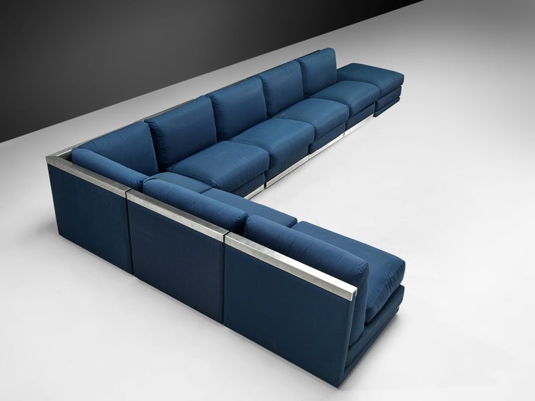 Large Postmodern Sectional Sofa in Blue Upholstery and Aluminum