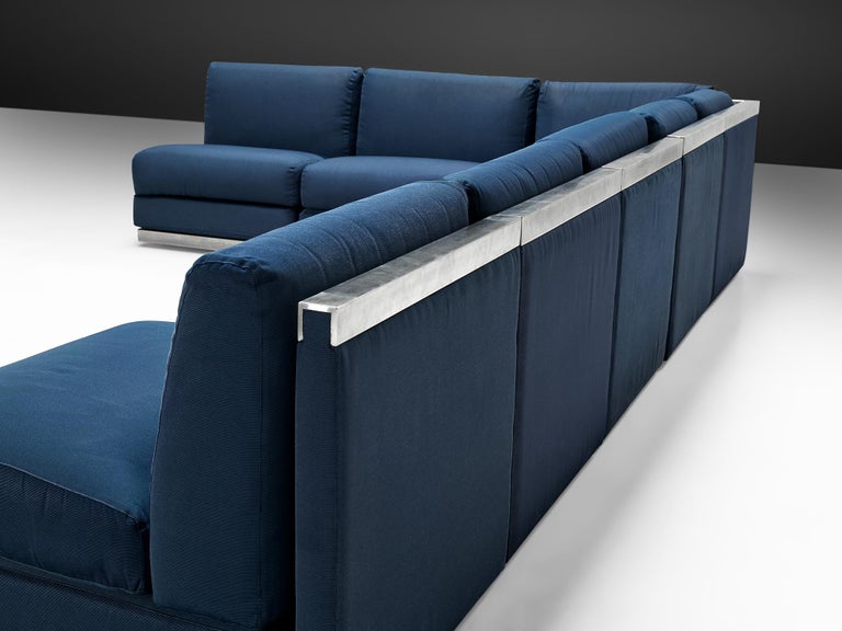 Large Postmodern Sectional Sofa in Blue Upholstery and Aluminum