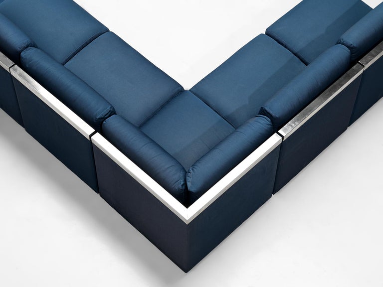 Large Postmodern Sectional Sofa in Blue Upholstery and Aluminum