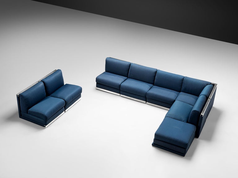 Large Postmodern Sectional Sofa in Blue Upholstery and Aluminum