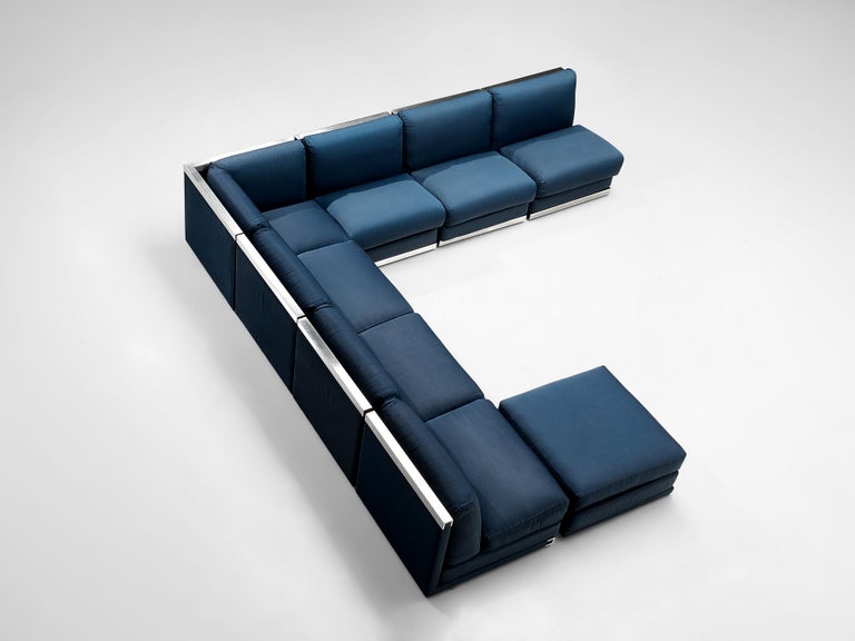 Large Postmodern Sectional Sofa in Blue Upholstery and Aluminum