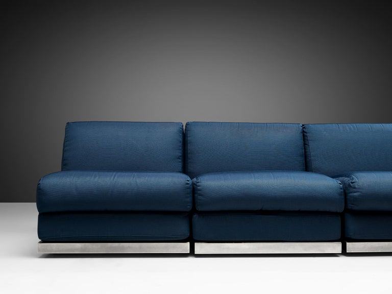 Large Postmodern Sectional Sofa in Blue Upholstery and Aluminum