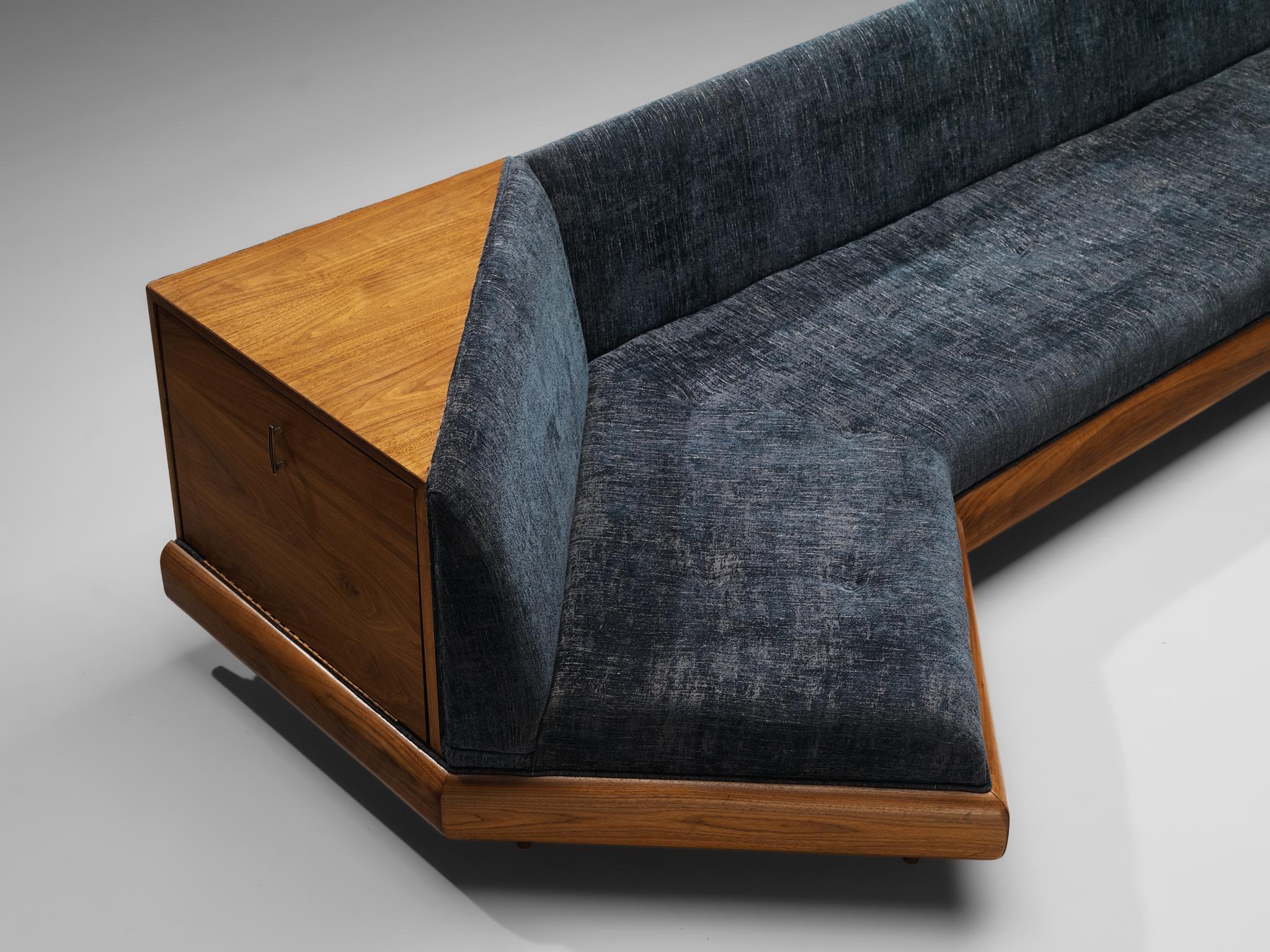 Adrian Pearsall Platform Sofa in Walnut and Blue Upholstery