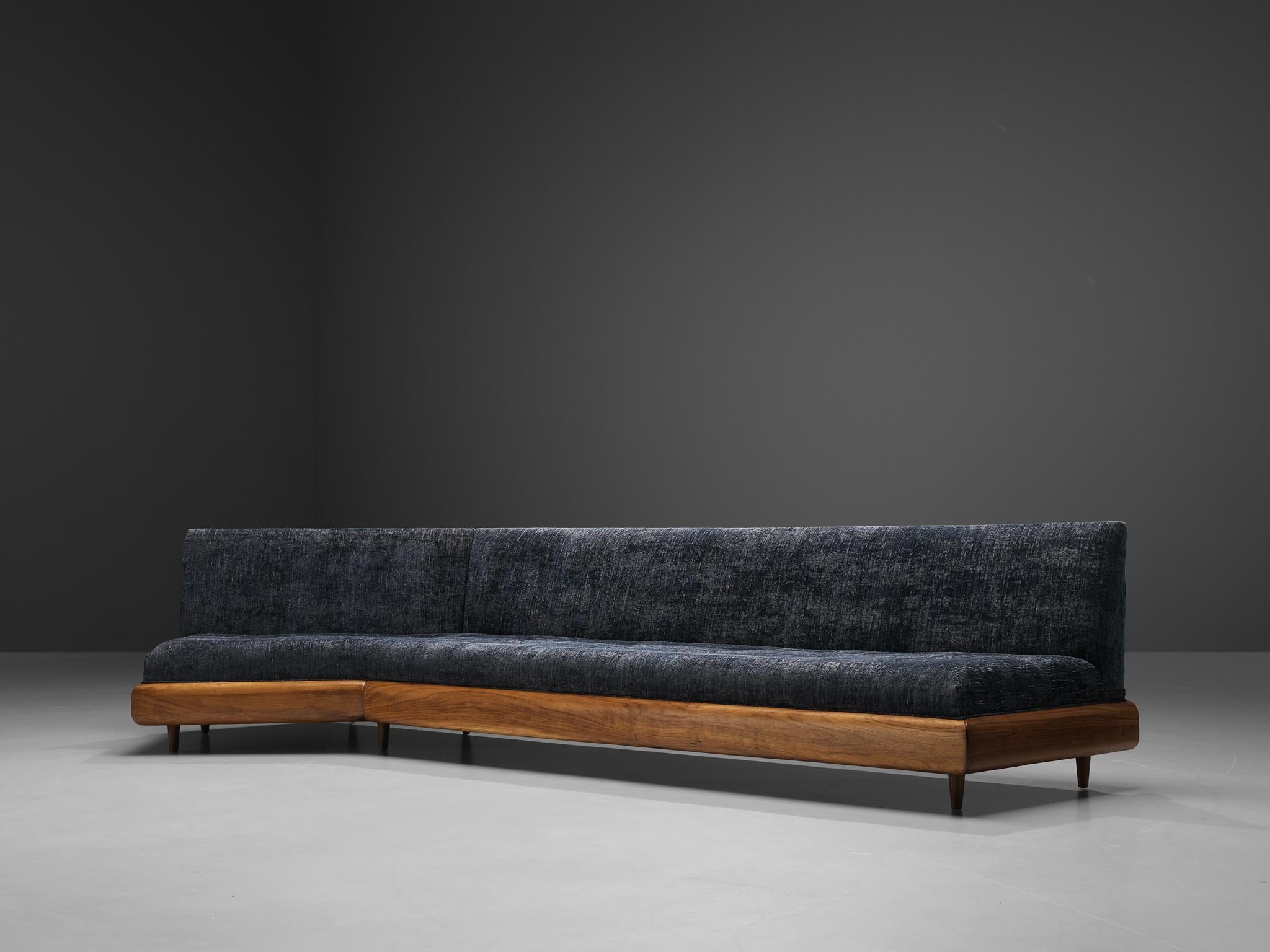 Adrian Pearsall Platform Sofa in Walnut and Blue Upholstery