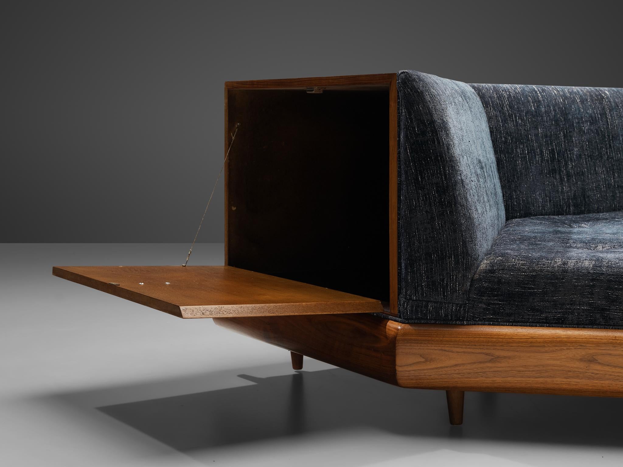 Adrian Pearsall Platform Sofa in Walnut and Blue Upholstery