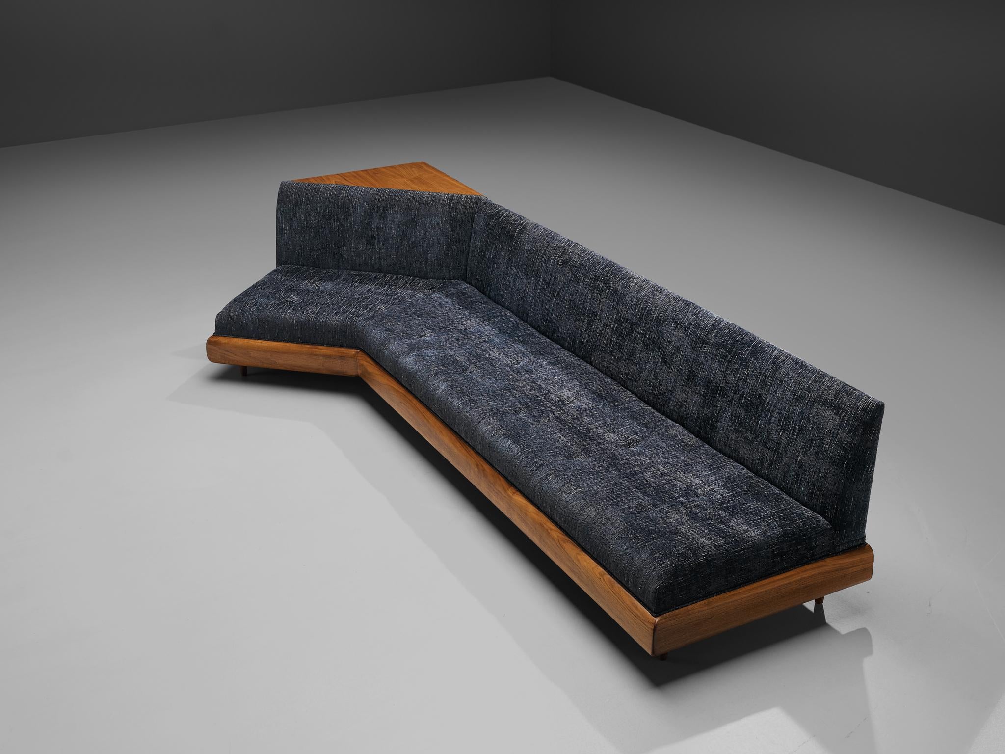 Adrian Pearsall Platform Sofa in Walnut and Blue Upholstery