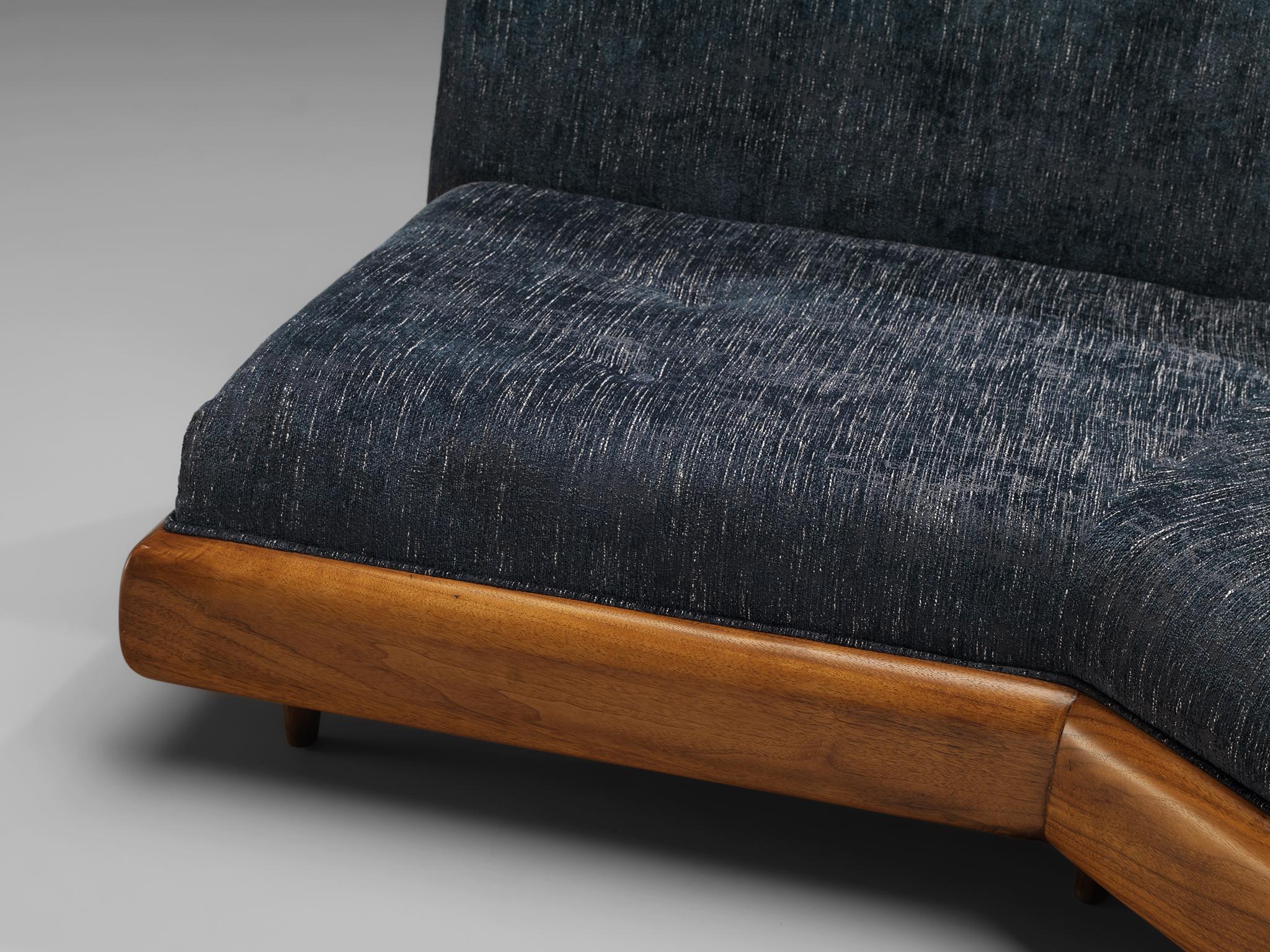 Adrian Pearsall Platform Sofa in Walnut and Blue Upholstery