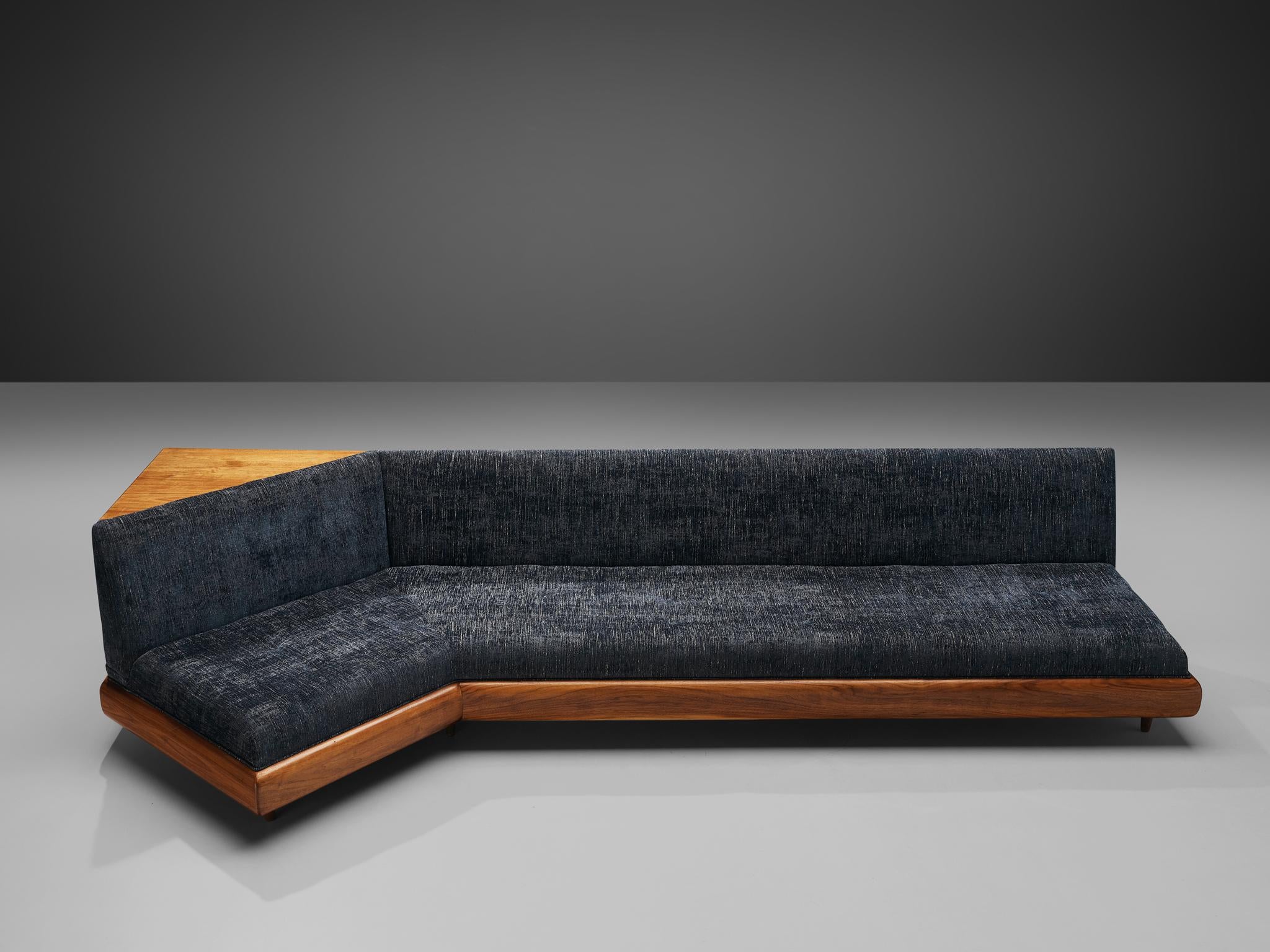 Adrian Pearsall Platform Sofa in Walnut and Blue Upholstery