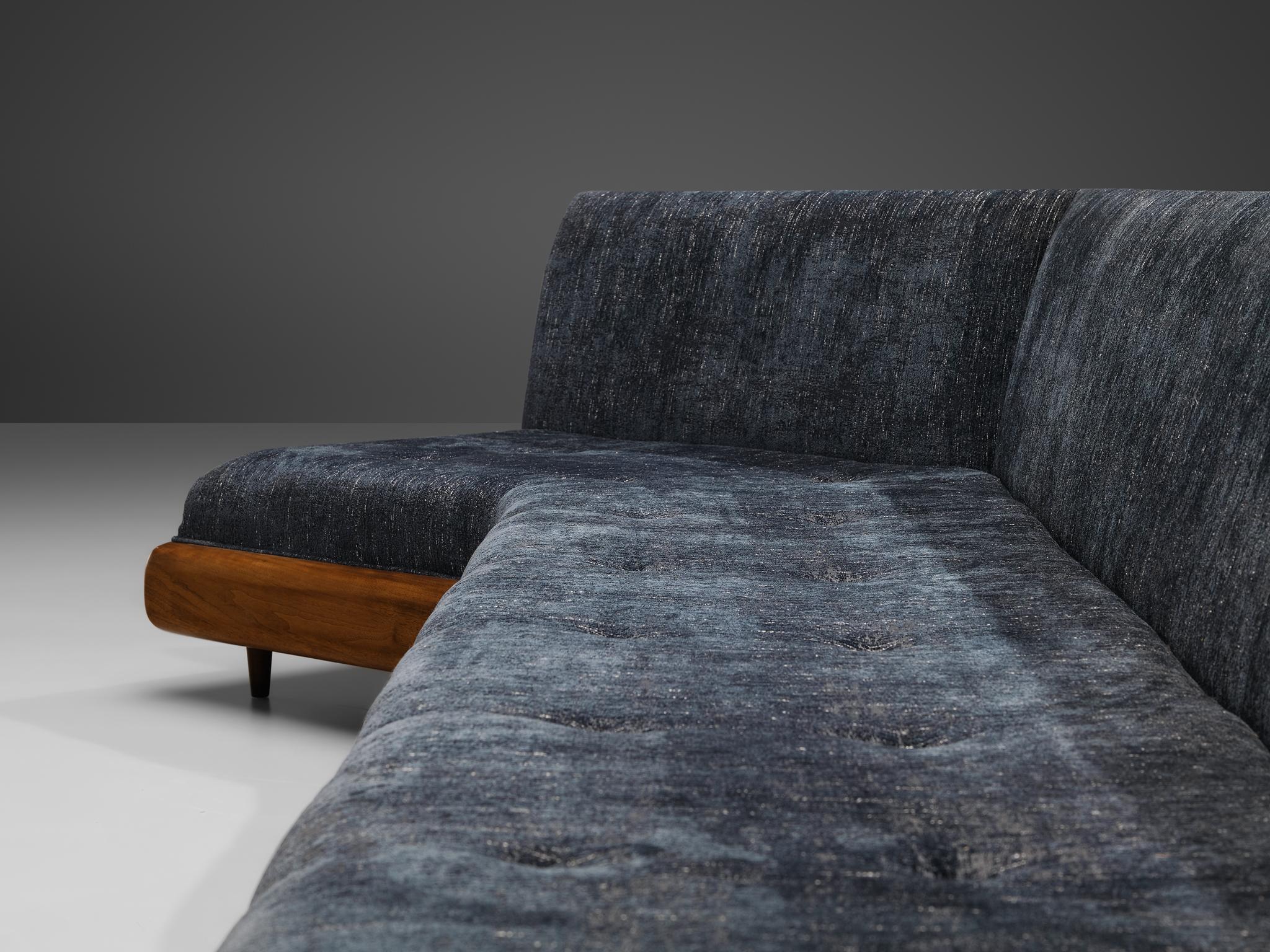 Adrian Pearsall Platform Sofa in Walnut and Blue Upholstery