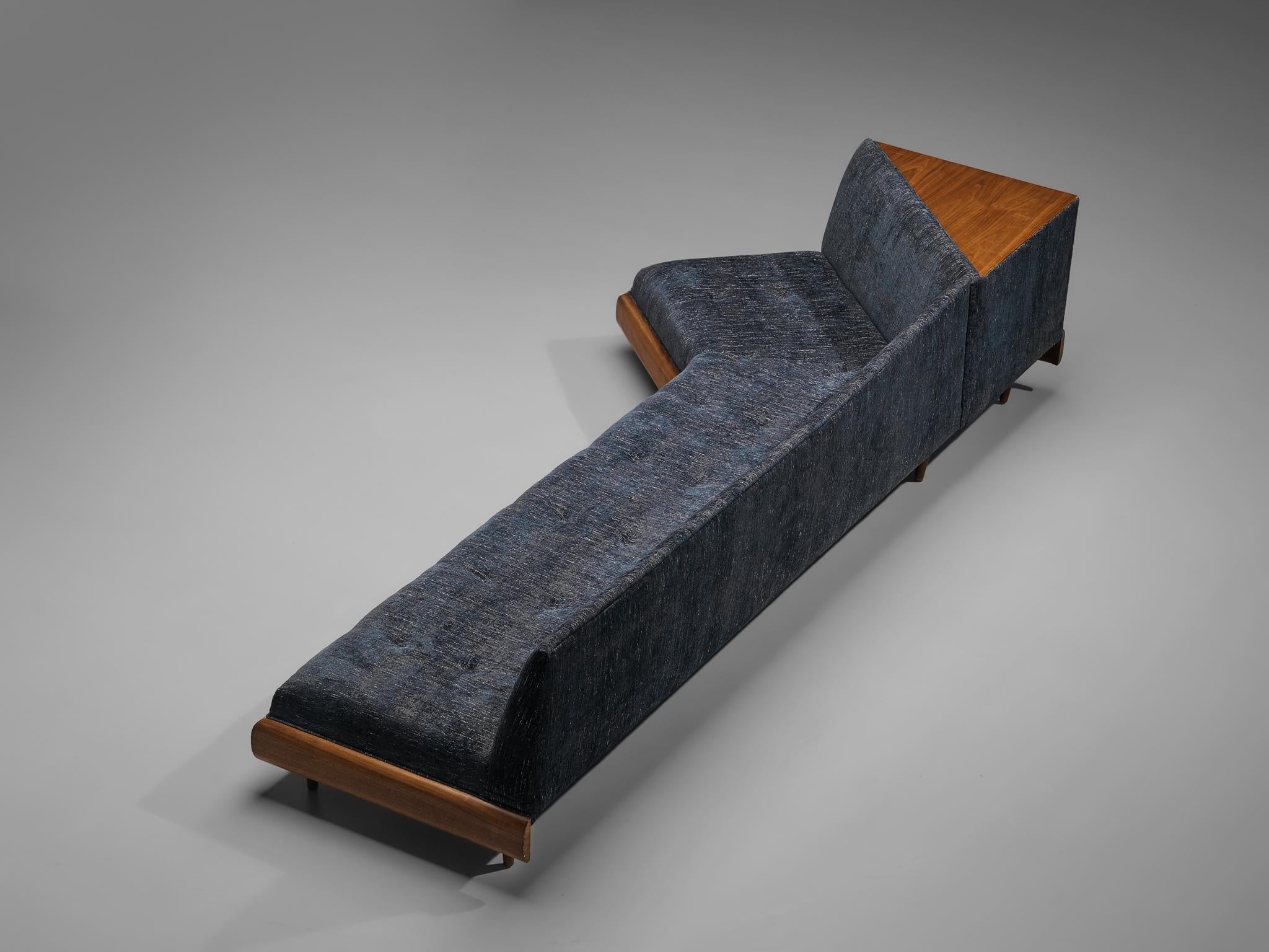 Adrian Pearsall Platform Sofa in Walnut and Blue Upholstery