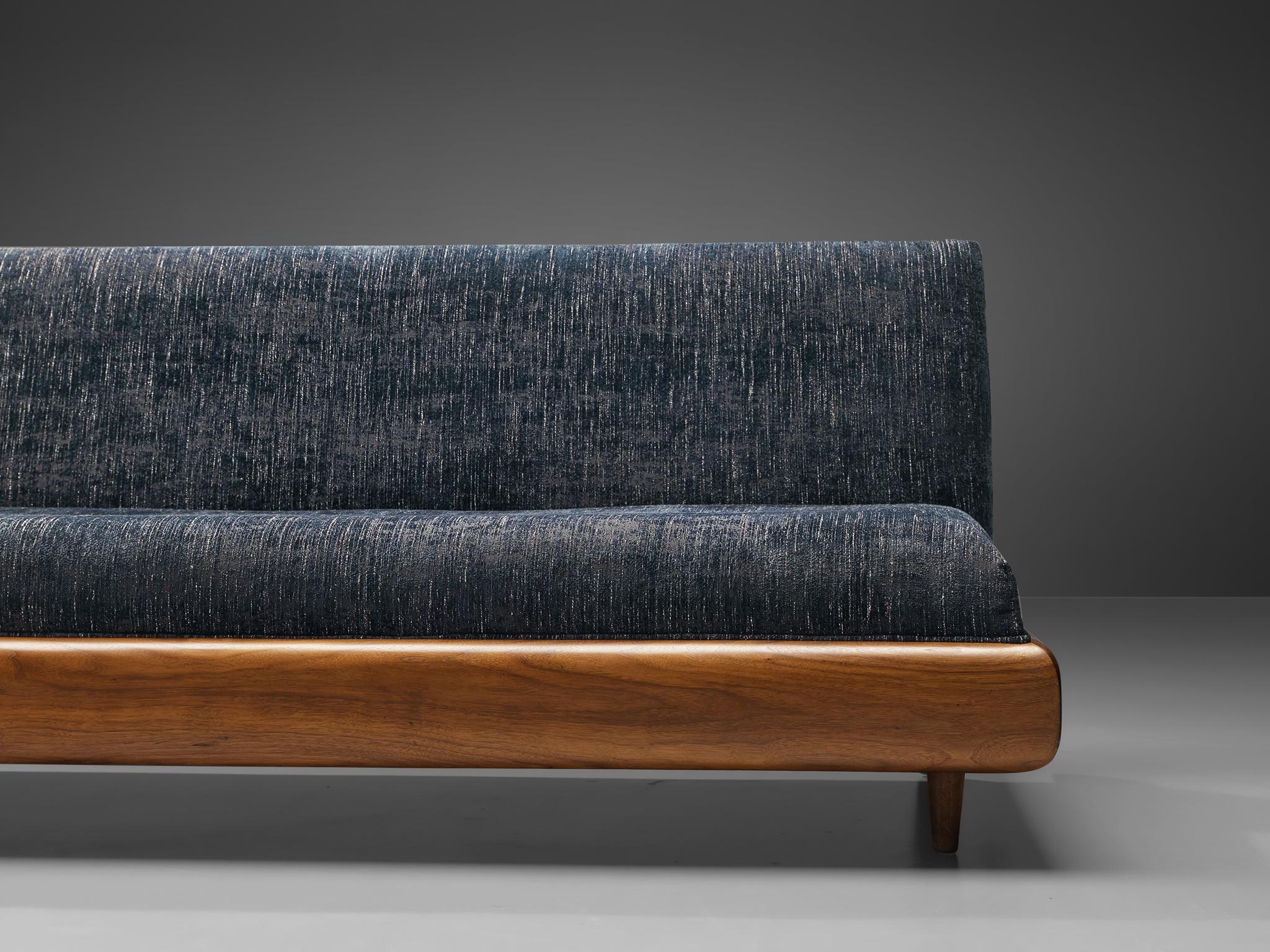 Adrian Pearsall Platform Sofa in Walnut and Blue Upholstery