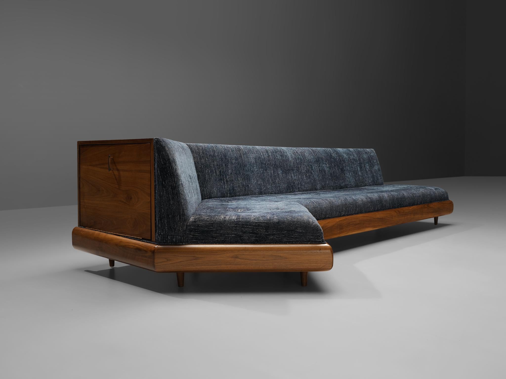 Adrian Pearsall Platform Sofa in Walnut and Blue Upholstery