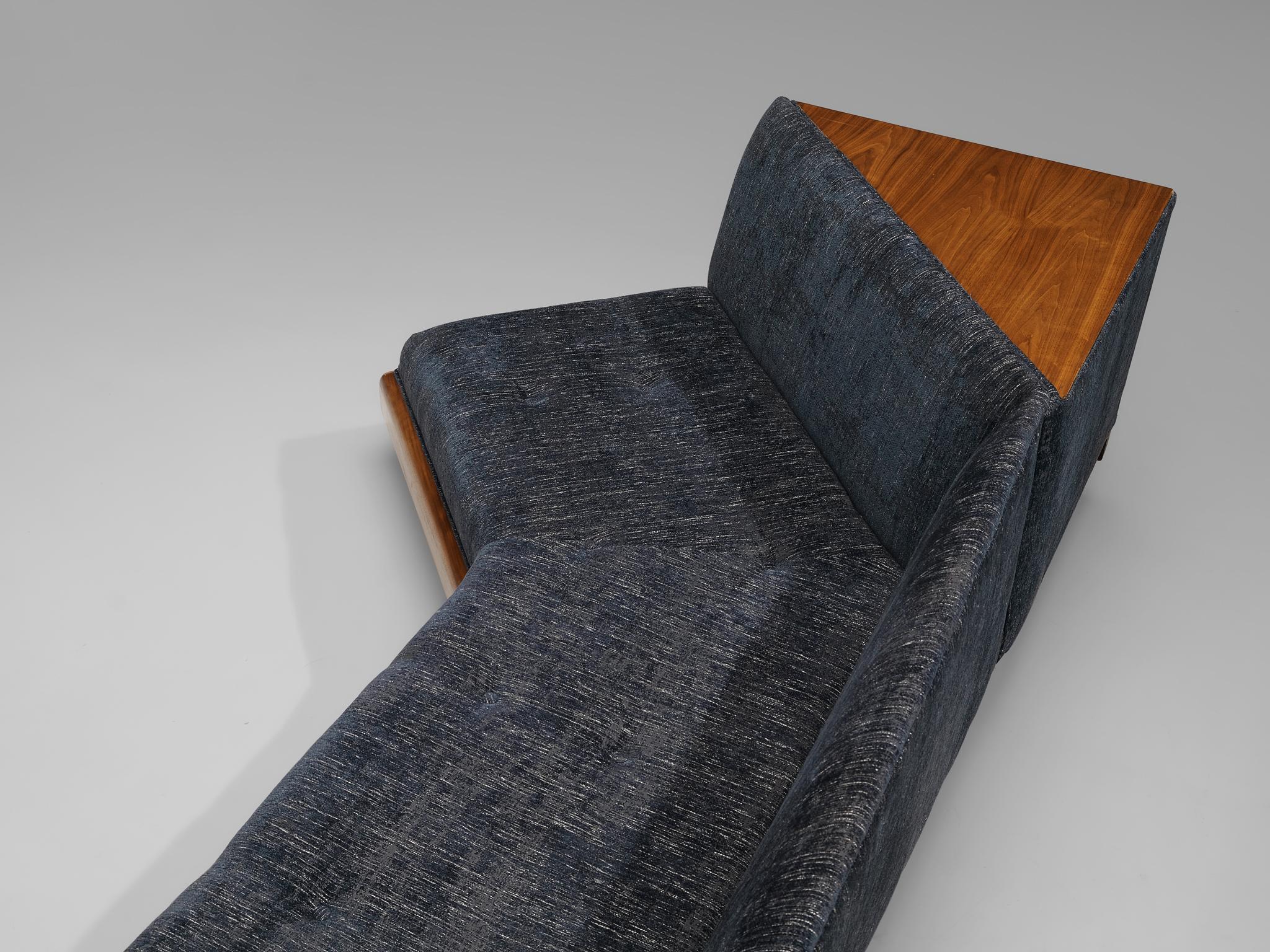 Adrian Pearsall Platform Sofa in Walnut and Blue Upholstery